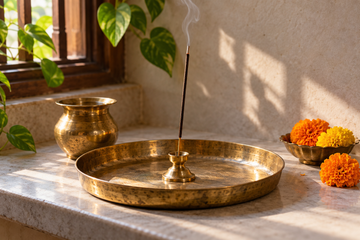 AI-generated illustration of an incense stick in a brass holder and tray, with marigolds and a water vessel