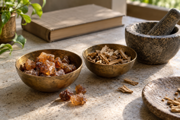 AI-generated illustration of resin-like pieces and wood chips in brass bowls beside a mortar and closed book