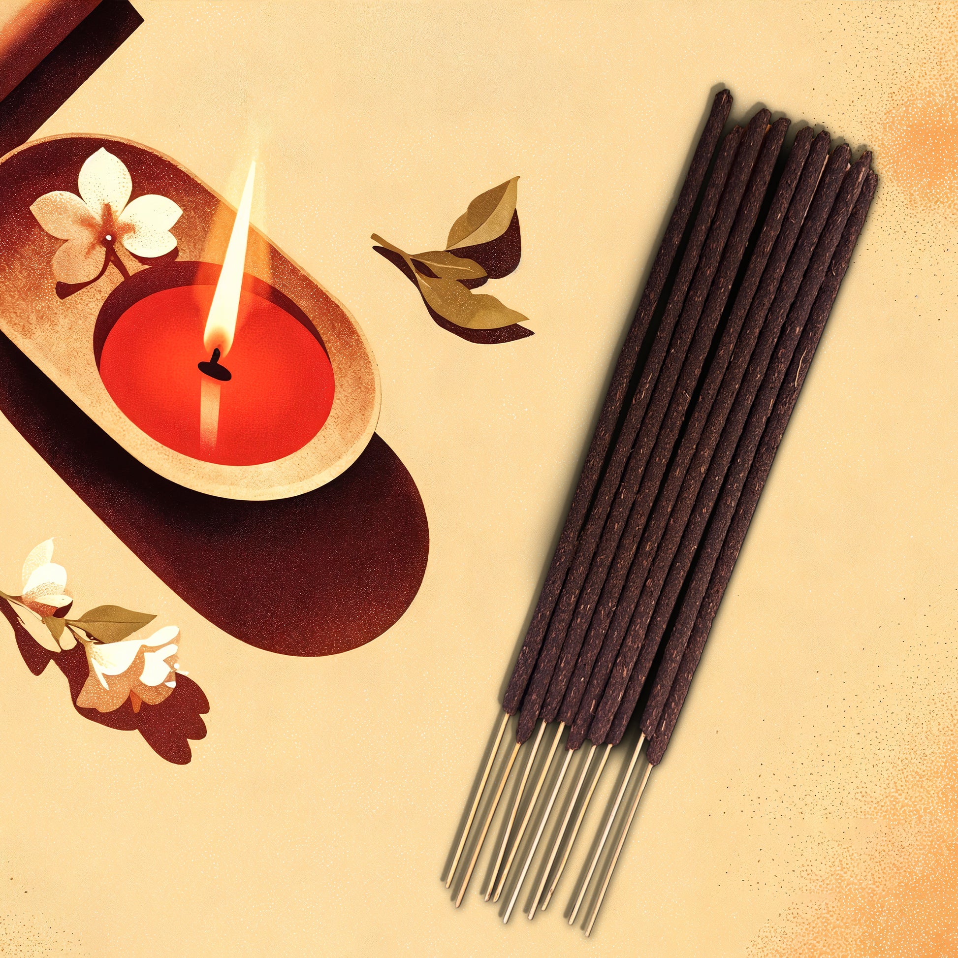 Janak Oud Incense sticks next to a lit candle with decorative elements on a beige background