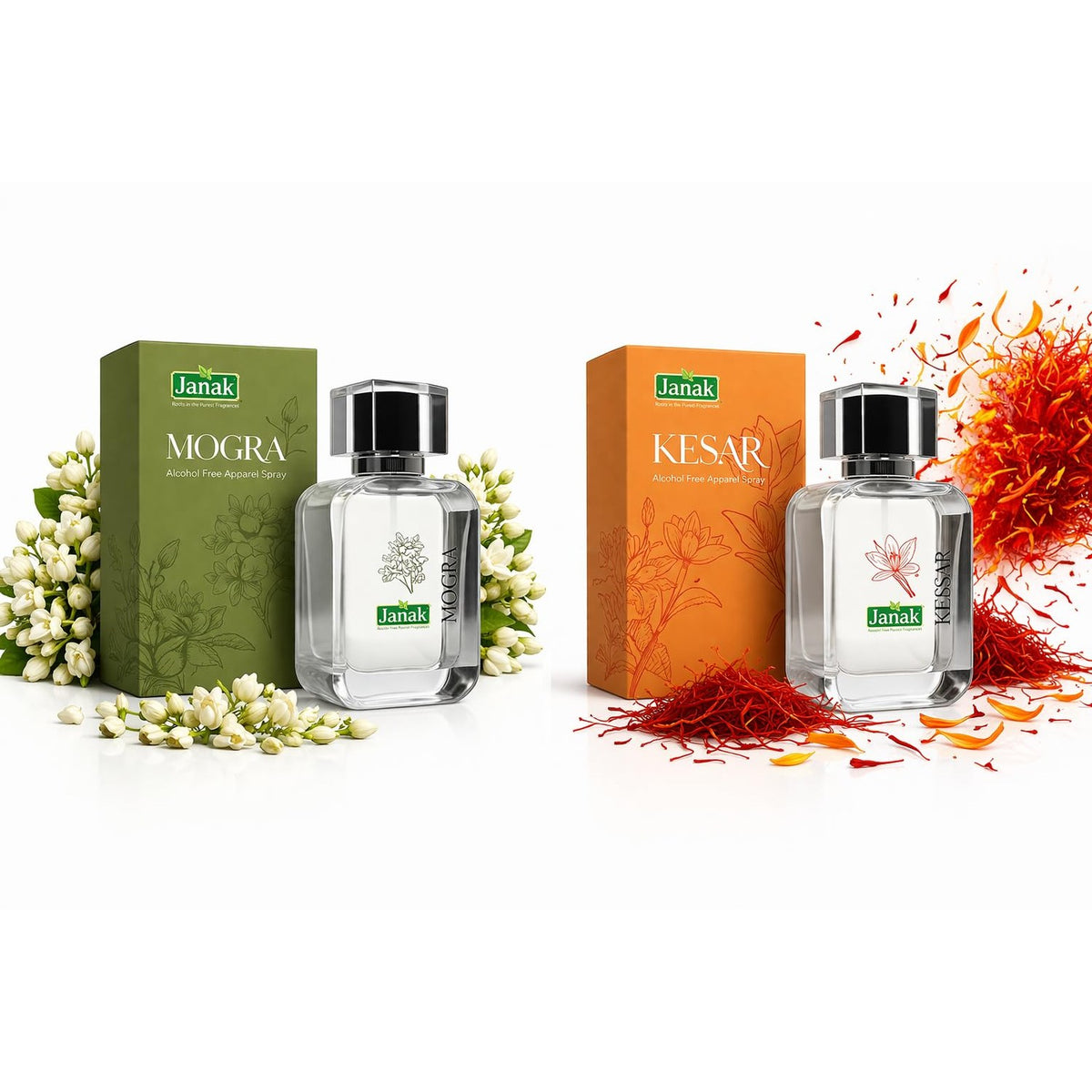 Janak Mogra & Kesar Alcohol Free Apparel Spray Combo, 2 × 100 ml – both boxes with bottles