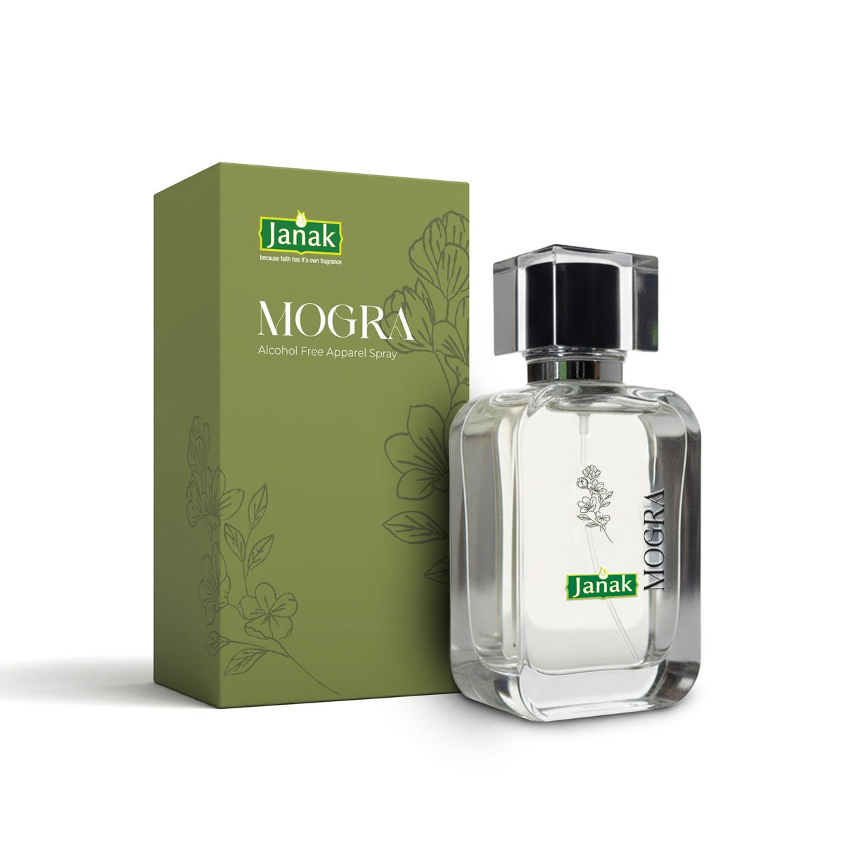 Janak Mogra & Kesar Alcohol Free Apparel Spray Combo, 2 × 100 ml – Mogra box with bottle